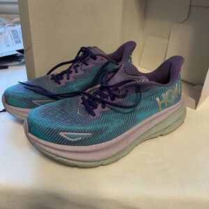 Hoka Clifton Teal and Purple Athletic Shoes size 10